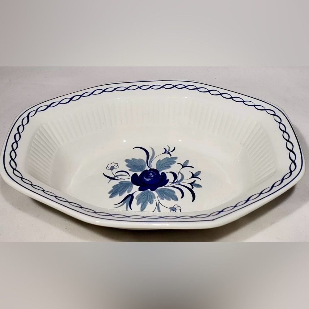 Adams Baltic Blue Ribbon Rim Flowers Oval Octagon Serving Bowl Ironstone…